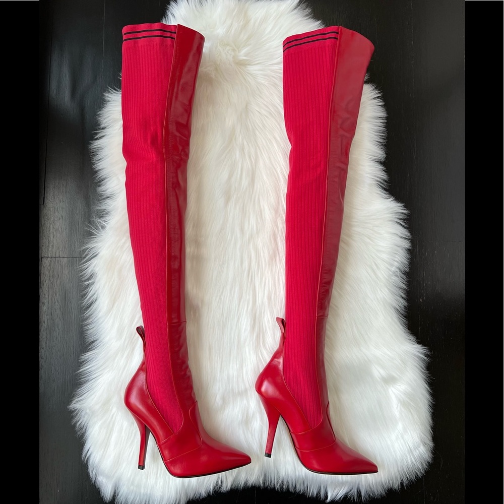 FENDI Women's Red Leather Thigh High Boots Size 38 1/2 - Picture 4 of 14